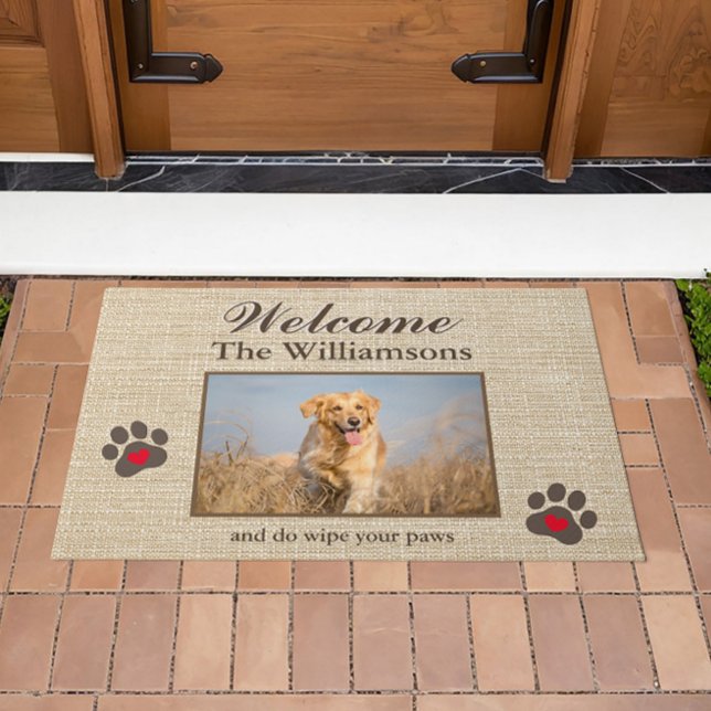 Humor Dog Photo Custom Burlap Texture Welcome   Doormat (Creator Uploaded)