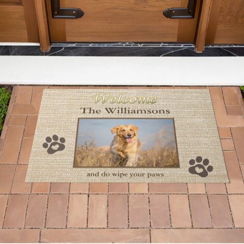 Humor Dog Photo Custom Burlap Texture Welcome   Doormat