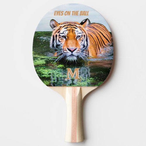 Humor Eyes on the Ball Tiger Monogram Initial Ping Pong Paddle