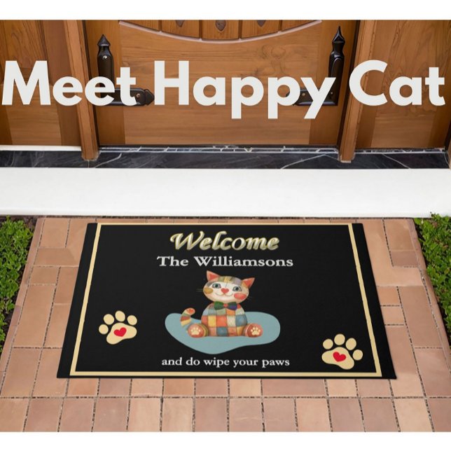Humor Happy Cat Custom Black Gold Welcome   Doormat (Creator Uploaded)