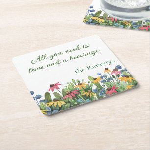 Humor Quote, Watercolor Wildflowers Square Paper Coaster