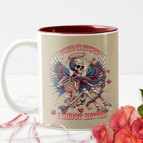 Humor Retro Skeleton Cupid Funny Valentines Day Two_Tone Coffee Mug