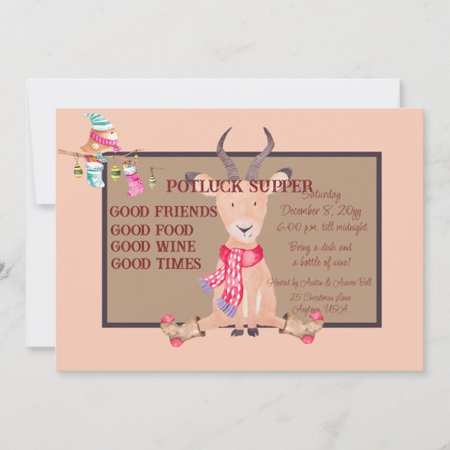 Humorous Antelope Christmas Potluck Supper Invitation (Front)