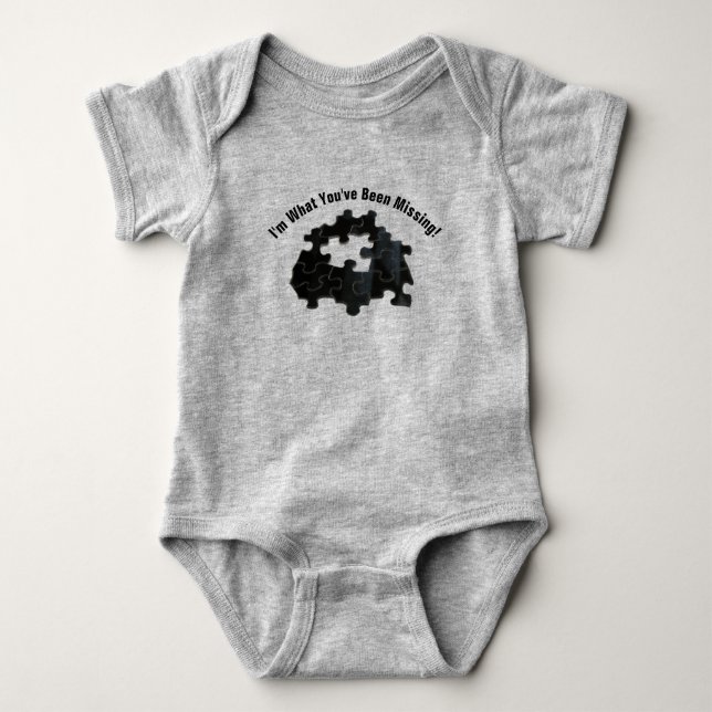 Humorous Baby Message Missing Jigsaw Puzzle Piece Baby Bodysuit (Front)