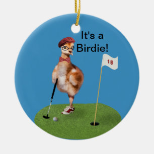 Humorous Bird Playing Golf, Customizable Text Ceramic Ornament