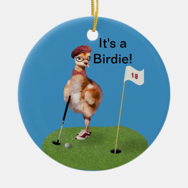 Humorous Bird Playing Golf, Customizable Text Ceramic Ornament (Front)