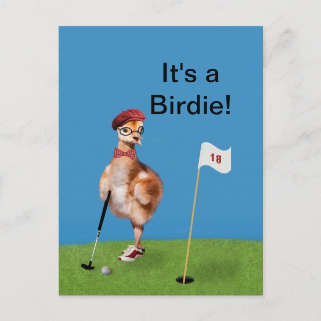Humorous Bird Playing Golf, Customizable Text Postcard (Front)