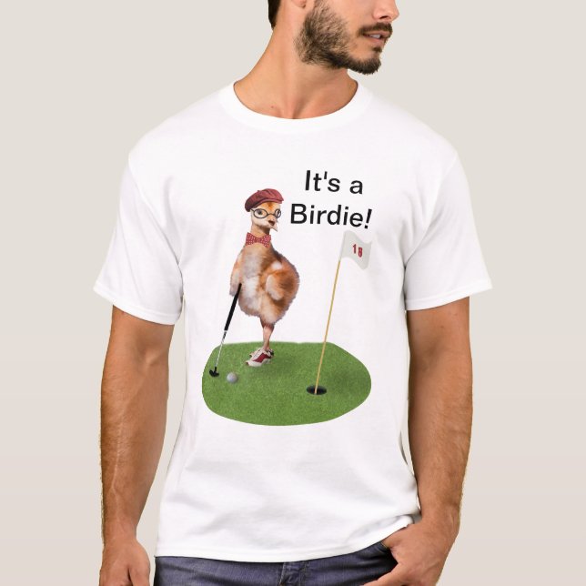 Humorous Bird Playing Golf, Customizable Text T-Shirt (Front)