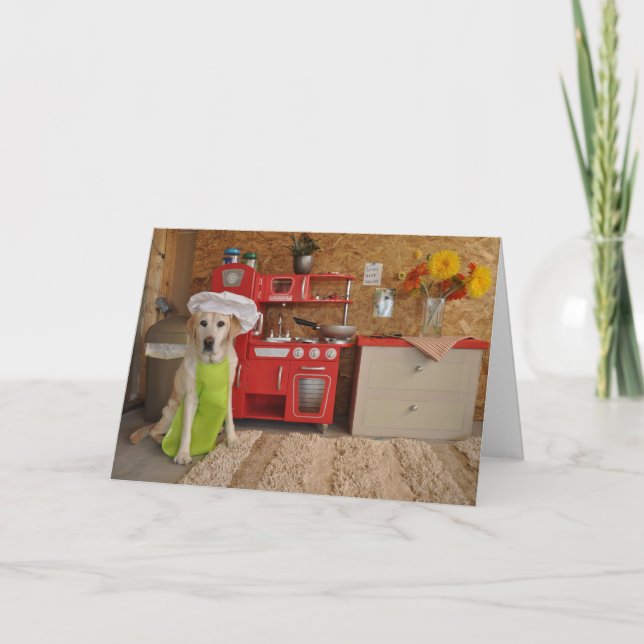 Humorous birthday card, dog dressed as chef. card (Front)