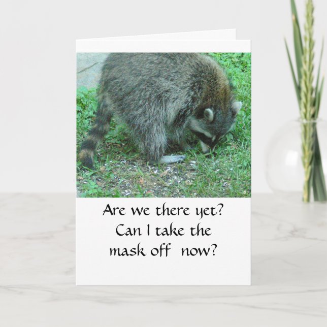 Humorous Birthday Card, Raccoon, "Are we there yet Card (Front)