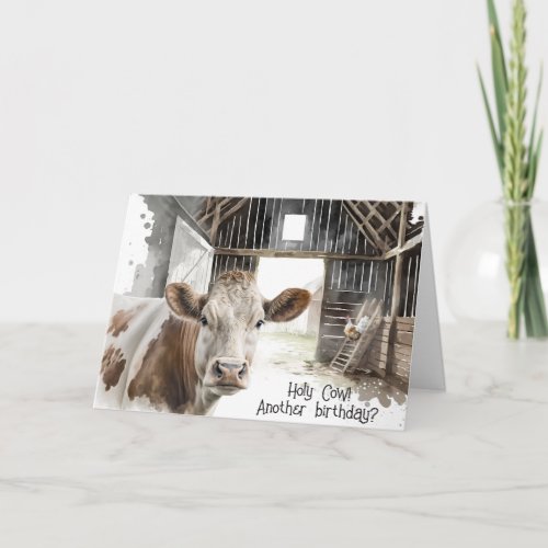 Humorous Birthday Cow In Barn with Rooster Card