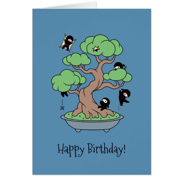 Humorous Birthday Ninjas in Bonsai Blue Card (Front)