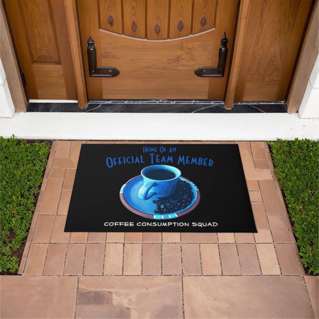 Humorous Blue Cup  Saucer Coffee Consumption Squad Doormat (Outdoor)