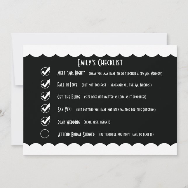 Humorous Bridal Shower Invitation, Funny Checklist Invitation (Front)