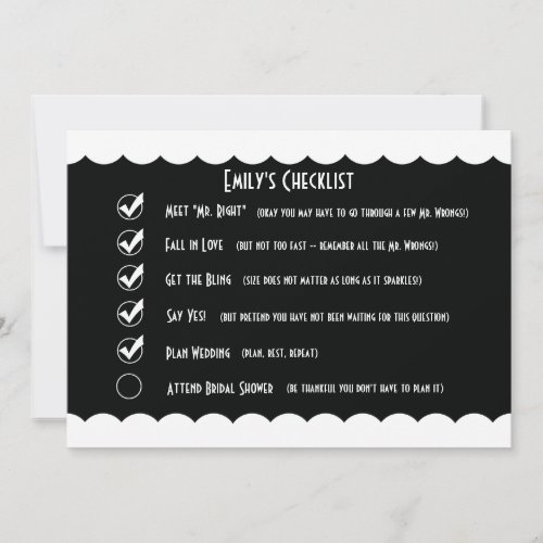 Humorous Bridal Shower Invitation, Funny Checklist