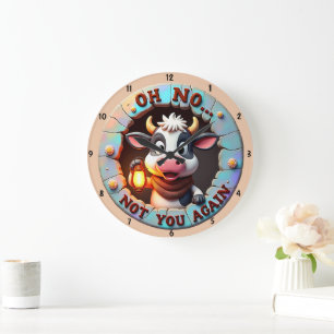 Humorous Cartoon Adorable Cow Funny Textual Art Large Clock
