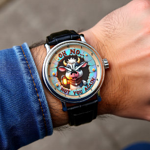 Humorous Cartoon Adorable Cow Funny Textual Art Watch