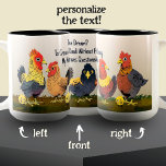 Humorous Cartoon Chicken Funny Phrase   Two-Tone Coffee Mug<br><div class="desc">A wonderful coffee mug for the one who loves chickens! These birds look a little angry about something, but don't they always? These cute little chickens have a dream... They dream about a time when people stop commenting on their 'road crossing' ventures and mind their own business. The text on...</div>