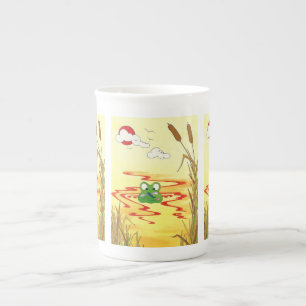 Humorous Cartoon Frog in Pond at Sunset Mug 