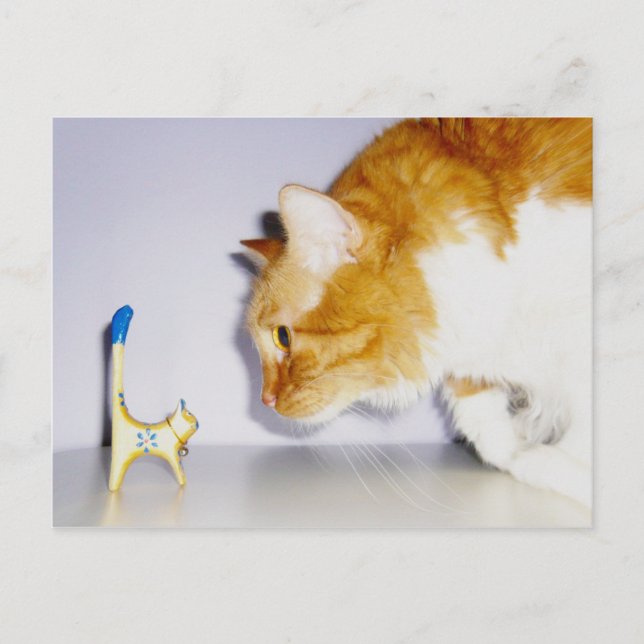 Humorous Cat Staring at Wooden Kitty Statue Postcard (Front)
