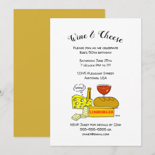 Humorous Cheese and Wine Birthday Party Invitation