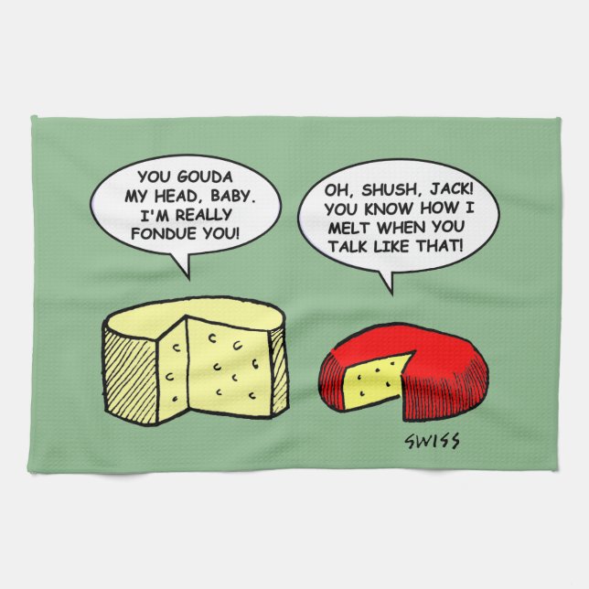 Humorous Cheese Tasting Party Cartoon Kitchen Towel (Horizontal)