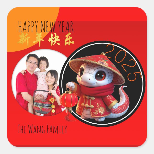 Humorous Chinese cute Snake Year Add Your Photo Square Sticker (Front)