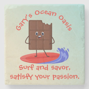 Humorous Chocolate Surfer with Surfboard Name Text Stone Coaster