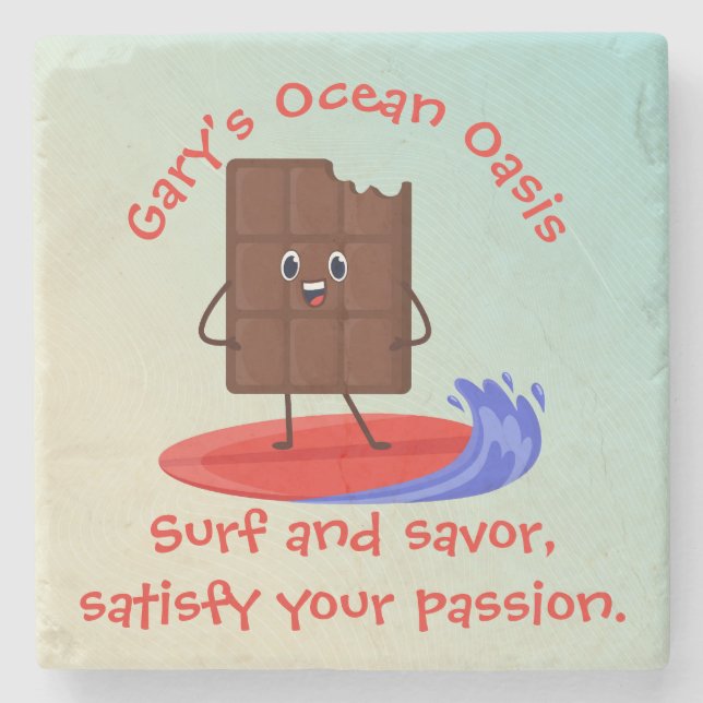 Humorous Chocolate Surfer with Surfboard Name Text Stone Coaster (Front)