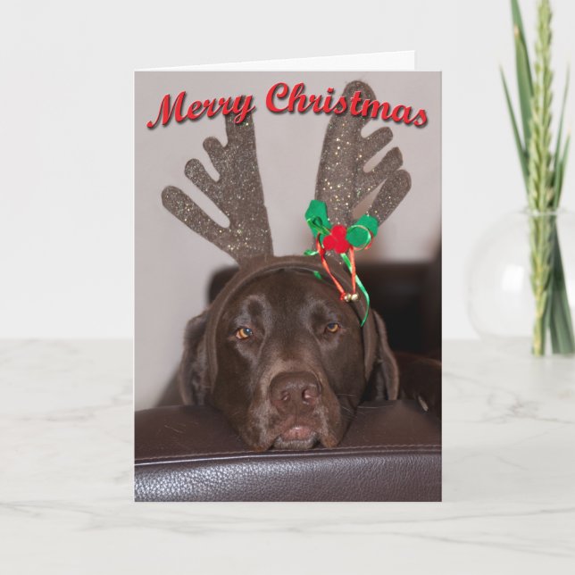 Humorous Christmas Labrador With Glitter Antlers Holiday Card (Front)