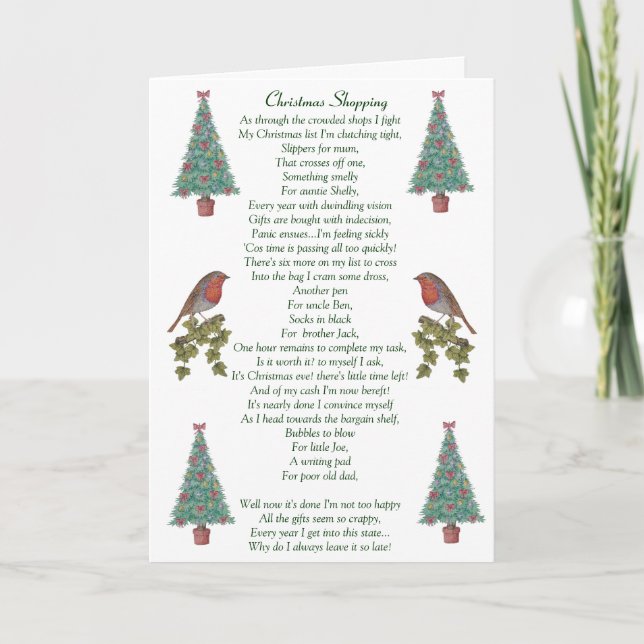 humorous christmas poem robin and xmas tree holiday card (Front)