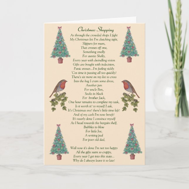 humorous christmas poem robin and xmas tree holiday card (Front)
