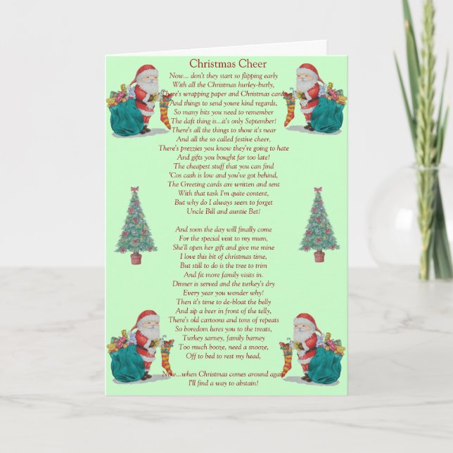 humorous christmas poem santa and xmas tree big holiday card (Front)