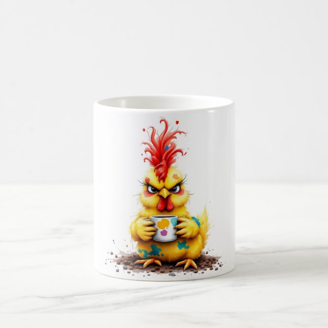 Humorous coffee mug with angry chicken design (Center)