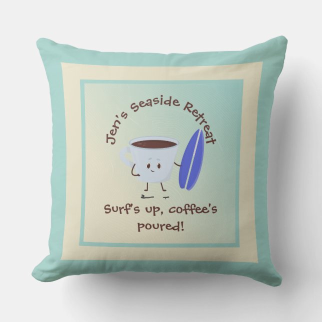 Humorous Coffee Surfer with Surfboard Name Text Outdoor Pillow (Front)