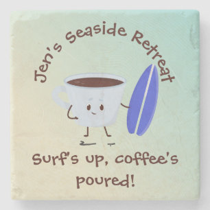 Humorous Coffee Surfer with Surfboard Name Text Stone Coaster