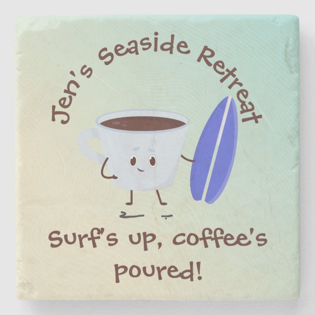 Humorous Coffee Surfer with Surfboard Name Text Stone Coaster (Front)