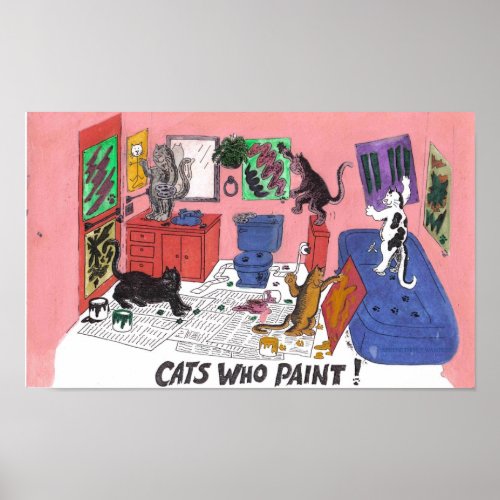 Humorous Color Drawing of House Cats Who Paint Poster