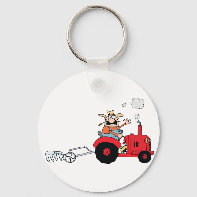 Humorous Country Farmer Tractor Cartoon Keychain (Front)