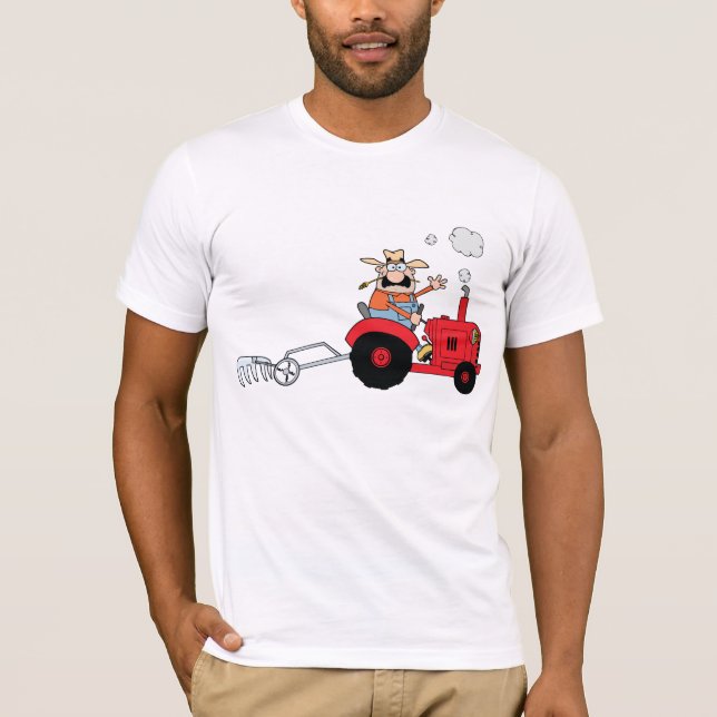 Humorous Country Farmer Tractor Cartoon T-Shirt (Front)