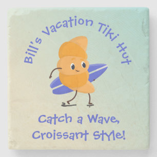 Humorous Croissant Surfer with Surfboard Name Text Stone Coaster