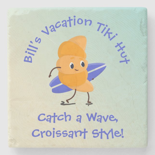 Humorous Croissant Surfer with Surfboard Name Text Stone Coaster (Front)