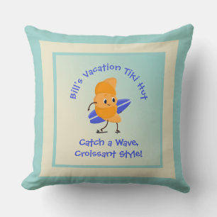 Humorous Croissant Surfer with Surfboard Name Text Throw Pillow
