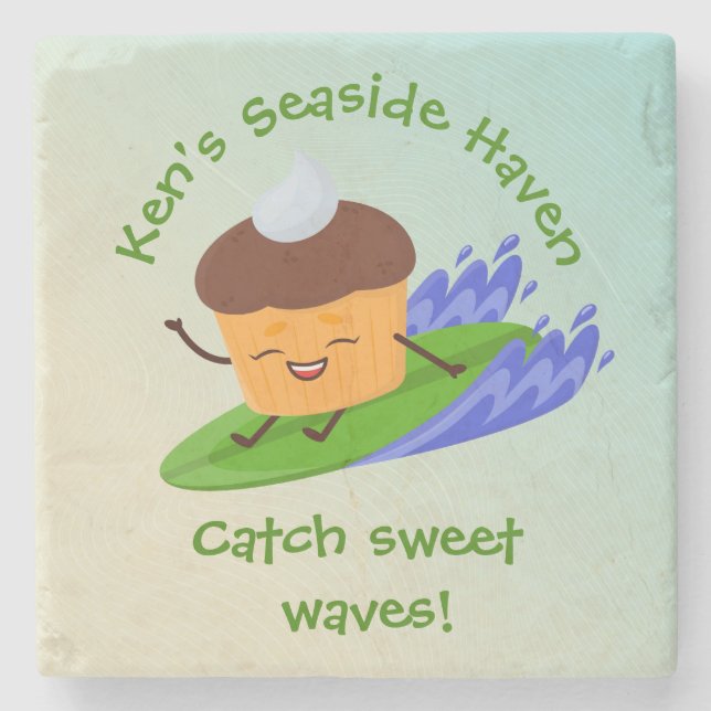 Humorous Cupcake Surfer with Surfboard Name Text Stone Coaster (Front)
