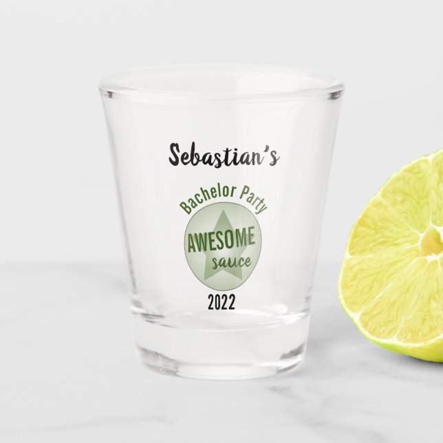 Humorous Custom Bachelor Party Awesome Sauce Shot Glass (Front)