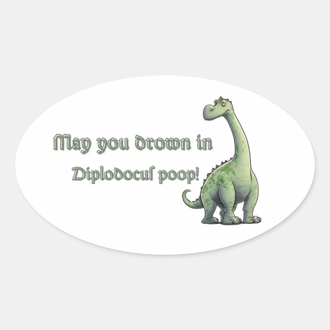 Humorous Diplodocus Illustration with Quirky Wish Oval Sticker (Front)