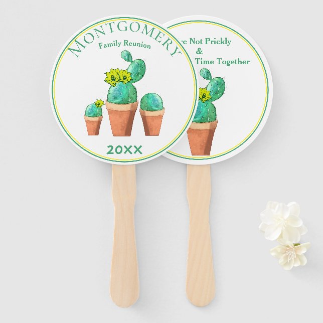 Humorous Family Reunion Yellow Flowering Cactus Hand Fan (Front and Back)