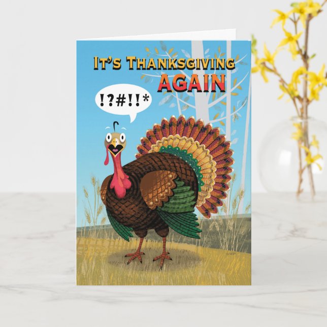 Humorous Fat Turkey Remembers Thanksgiving Card (Yellow Flower)