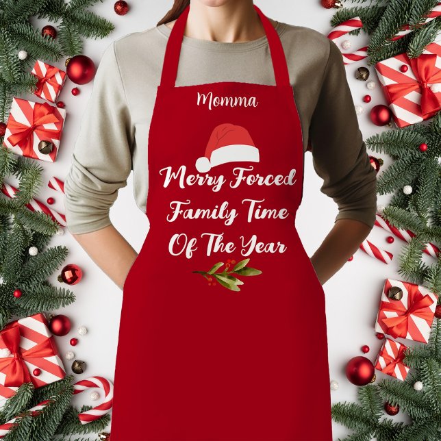 Humorous Forced Family Time Holiday Design Apron (Merry Forced Family Time Of The Year Santa Hat Apron, Customize, Personalize)