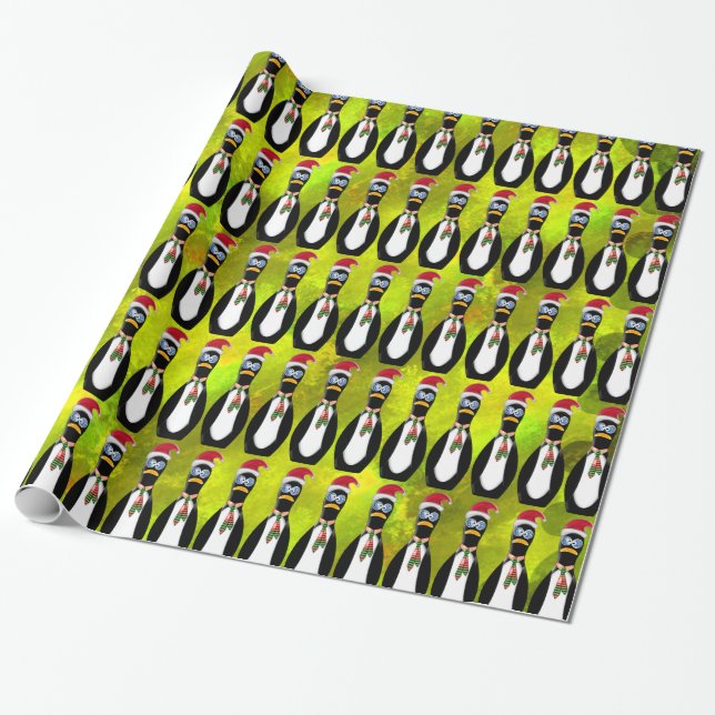 Humorous Frazzled Santa Penguin on Chartreuse v2 Wrapping Paper (Unrolled)